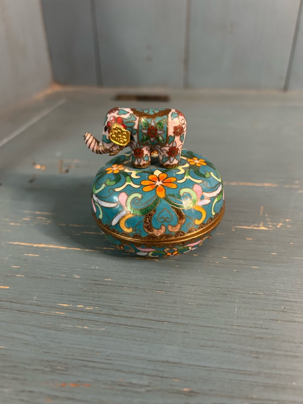 Vintage 1992 Cloisonne Elephant Trinket Music Box - Turquoise Floral (Works)